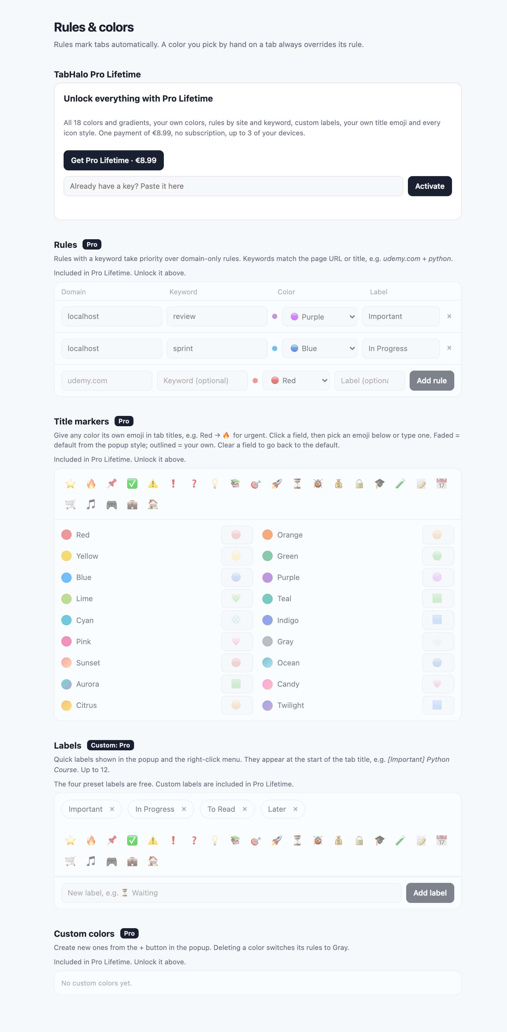 TabHalo Rules and colors page: rules by domain and keyword, emoji title markers per color, quick labels and custom colors.