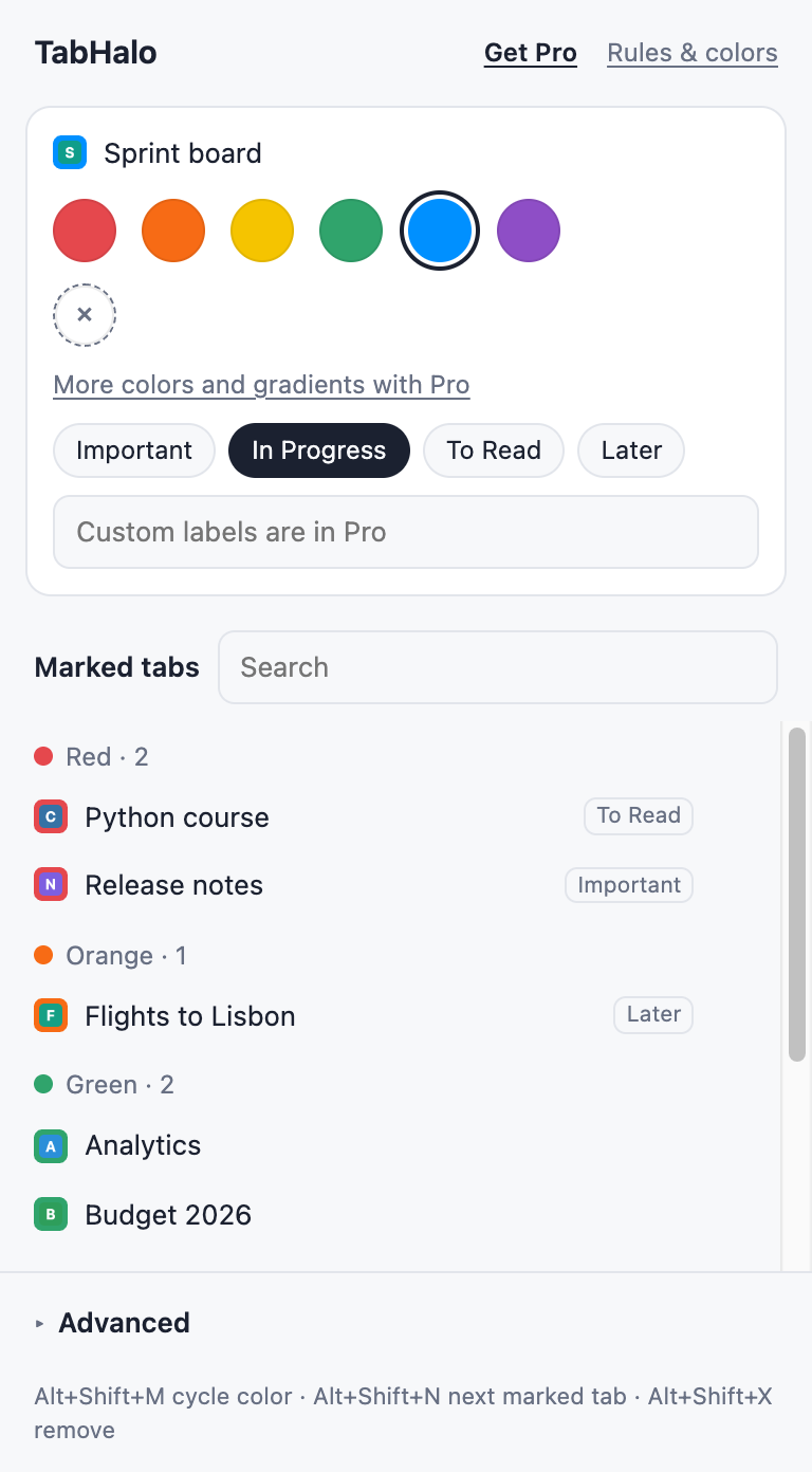 TabHalo popup: color palette, quick labels, a searchable list of marked tabs and advanced settings for icon style, symbol and title marker.